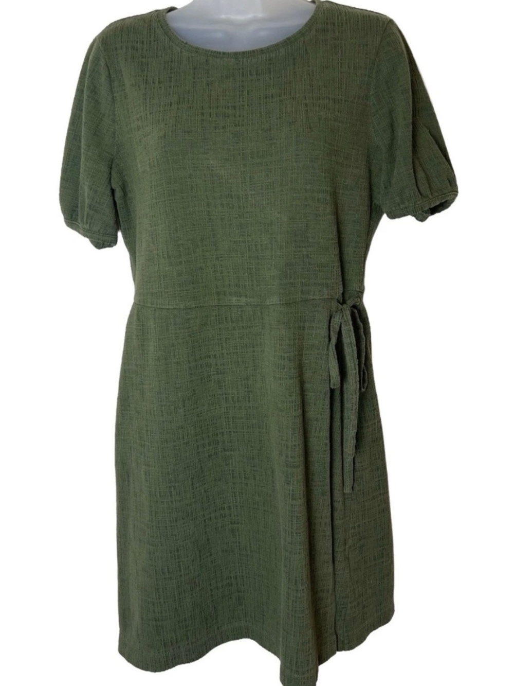 Maxwell Crosshatch Puff-Sleeve Faux-Wrap Mini Dress in Olive Palm Tree Medium
